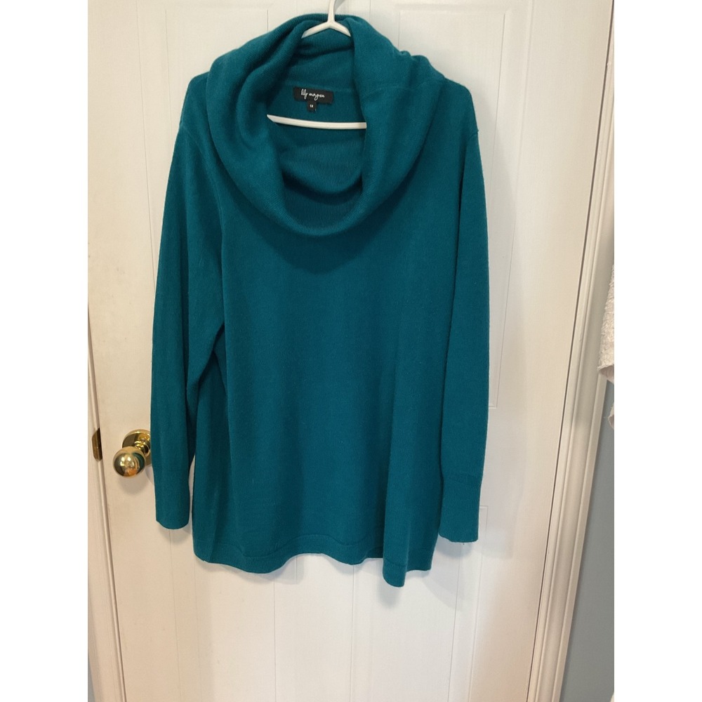 Lily Morgan Cowl Neck Sweater Women 1X Teal Blue Excellent Pullover Knit